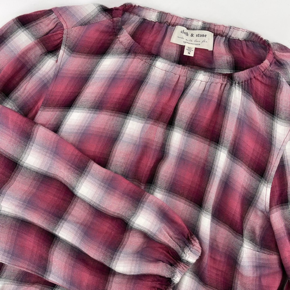 Cloth & Stone Plaid Top Blouse Long Sleeve Anthropologie Casual Maroon M